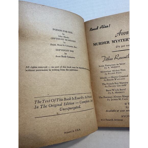 Poison for One John Rhode Avon Book 1943 PB 1st edition Dr Priestley Mystery VTG - Picture 2 of 7